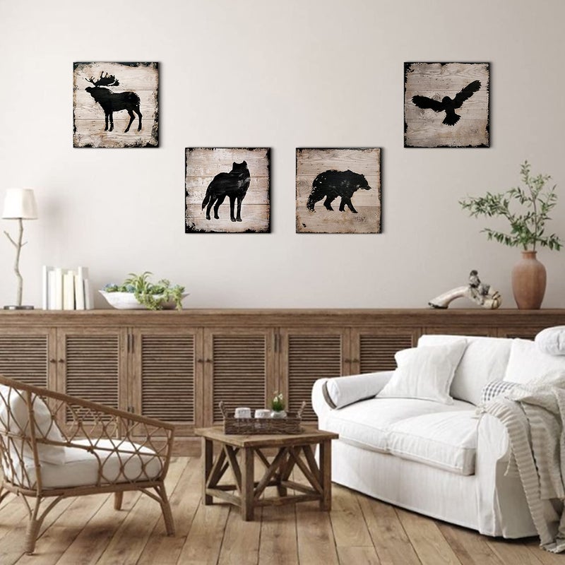 sunfrower Rustic Wildlife Wall Art Cabin Wall Decor Bear Pictures Woodland Animals Picture Farmhouse Moose Deer Canvas Painting Eagle Wolf Poster Nursery Artwork for Bedroom Lodge Home Decorations 12x12" 4P - Image 5